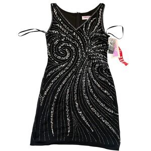 NWT Y2K Adrianna Papell Dress Size 5/6 Black Silver Sequin Beaded Deadstock